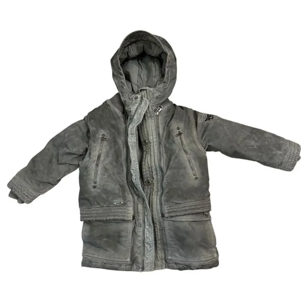 DIESEL Boys Utility Hooded Convertible Jacket Coat Gray Distressed Layered Moto